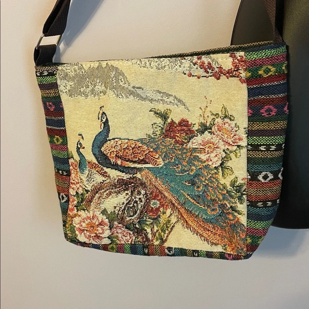 Peacock Embroidered Tapestry Crossbody Purse Bag
